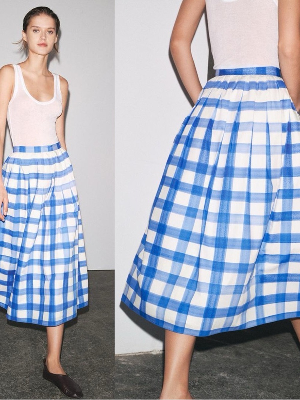 Zara Blue and White Checked Midi Skirt